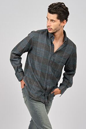 De Leone Erkek Çizgili Uzun Kollu Yün Apre Gömlek 0171103 Füme