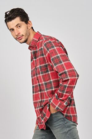 De Leone Erkek Çizgili Uzun Kollu Yün Apre Gömlek 0171109 Kırmızı