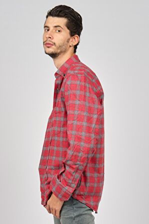 De Leone Erkek Çizgili Uzun Kollu Yün Apre Gömlek 0171110 Kırmızı