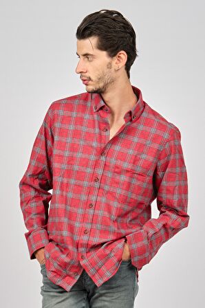 De Leone Erkek Çizgili Uzun Kollu Yün Apre Gömlek 0171110 Kırmızı