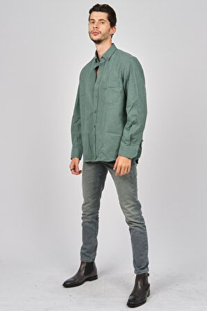 De Leone Erkek Uzun Kollu Yün Apre Gömlek 0171108 Yeşil