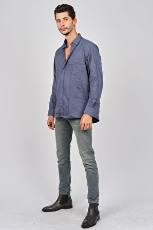 De Leone Erkek  Uzun Kollu Yün Apre Gömlek 0171114 Koyu Mavi