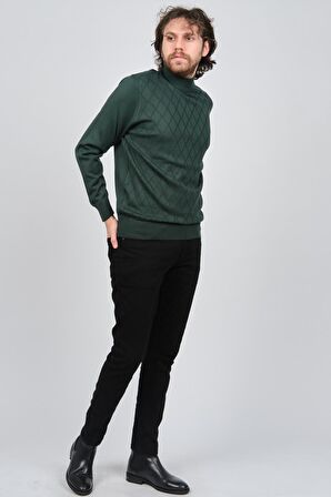 Pave Erkek Yarım Balıkçı Baklava Desenli Yün Kazak 4537220 Yeşil