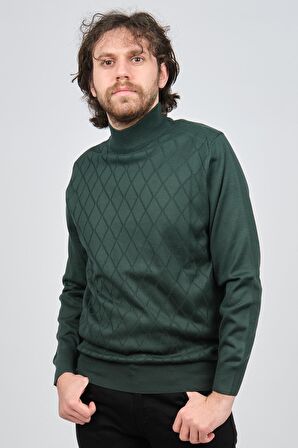 Pave Erkek Yarım Balıkçı Baklava Desenli Yün Kazak 4537220 Yeşil