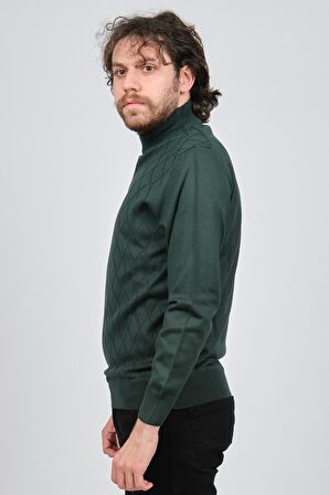 Pave Erkek Yarım Balıkçı Baklava Desenli Yün Kazak 4537220 Yeşil