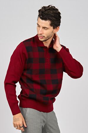 Pave Erkek Kare Desenli Yünlü Kazak 4539134 Bordo