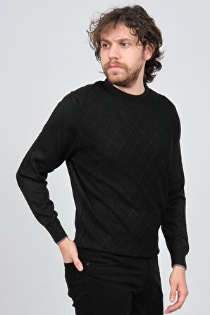 Pave Erkek Bisiklet Yaka Baklava Desenli Yün Kazak 4537073 Siyah