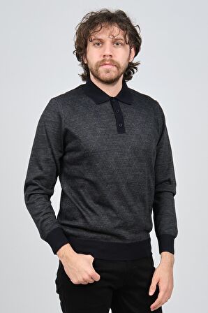 Pave Erkek Polo Yaka Desenli Yün Kazak 4537094 Lacivert