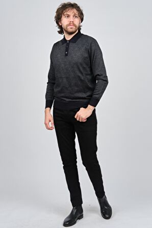 Pave Erkek Polo Yaka Desenli Yün Kazak 4537094 Lacivert