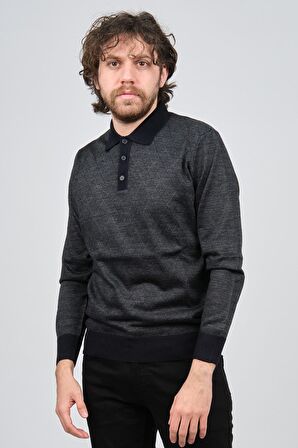 Pave Erkek Polo Yaka Desenli Yün Kazak 4537094 Lacivert