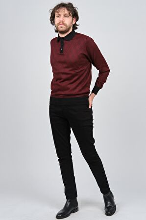 Pave Erkek Polo Yaka Desenli Yün Kazak 4537094 Bordo