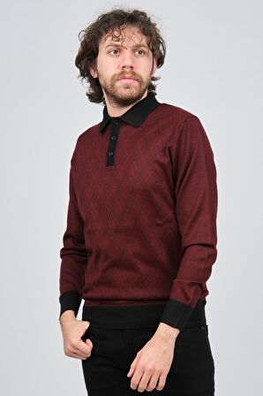 Pave Erkek Polo Yaka Desenli Yün Kazak 4537094 Bordo