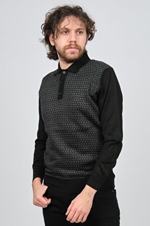 Pave Erkek Polo Yaka Desenli Yün Kazak 4537124 Füme