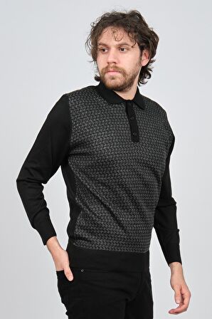 Pave Erkek Polo Yaka Desenli Yün Kazak 4537124 Füme