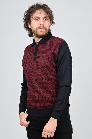 Pave Erkek Polo Yaka Desenli Yün Kazak 4537124 Bordo