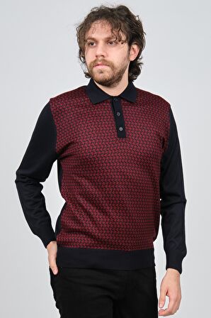 Pave Erkek Polo Yaka Desenli Yün Kazak 4537124 Bordo