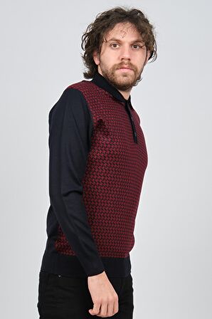 Pave Erkek Polo Yaka Desenli Yün Kazak 4537124 Bordo