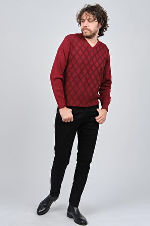 Pave Erkek V Yaka Desenli Yün Kazak 4539072 Bordo