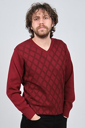 Pave Erkek V Yaka Desenli Yün Kazak 4539072 Bordo