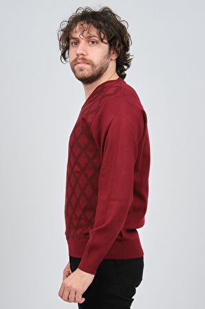 Pave Erkek V Yaka Desenli Yün Kazak 4539072 Bordo