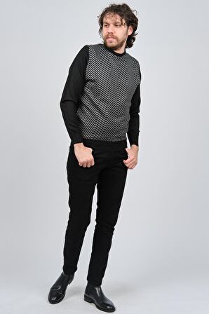 Pave Erkek Bisiklet Yaka Desenli Yün Kazak 4537043 Siyah