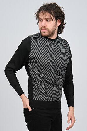 Pave Erkek Bisiklet Yaka Desenli Yün Kazak 4537043 Siyah