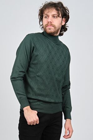 Pave Erkek Yarım Balıkçı Desenli Yün Kazak 4537210 Yeşil