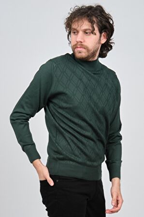 Pave Erkek Yarım Balıkçı Desenli Yün Kazak 4537210 Yeşil