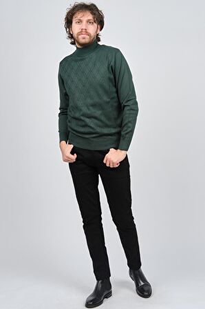 Pave Erkek Yarım Balıkçı Desenli Yün Kazak 4537210 Yeşil