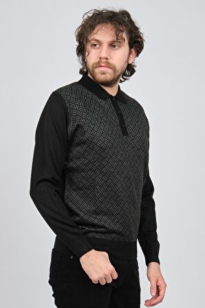Pave Erkek Polo Yaka Desenli Yün Kazak 4537134 Siyah