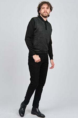 Pave Erkek Polo Yaka Desenli Yün Kazak 4537134 Siyah
