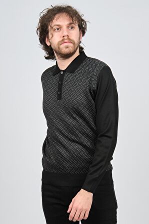 Pave Erkek Polo Yaka Desenli Yün Kazak 4537134 Siyah