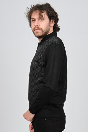 Pave Erkek Polo Yaka Desenli Yün Kazak 4537134 Siyah