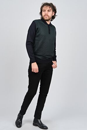 Pave Erkek Polo Yaka Desenli Yün Kazak 4537134 Lacivert