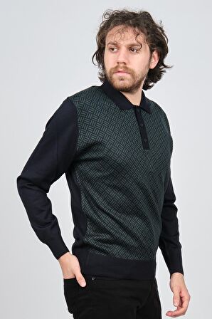 Pave Erkek Polo Yaka Desenli Yün Kazak 4537134 Lacivert