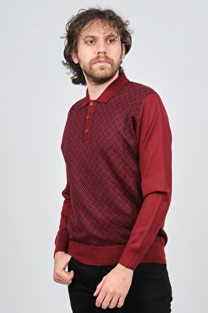 Pave Erkek Polo Yaka Desenli Yün Kazak 4537134 Bordo