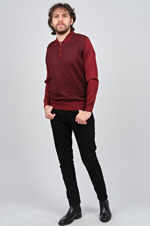 Pave Erkek Polo Yaka Desenli Yün Kazak 4537134 Bordo