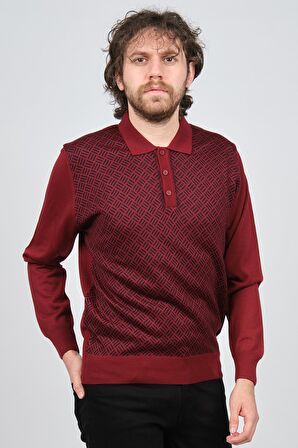 Pave Erkek Polo Yaka Desenli Yün Kazak 4537134 Bordo