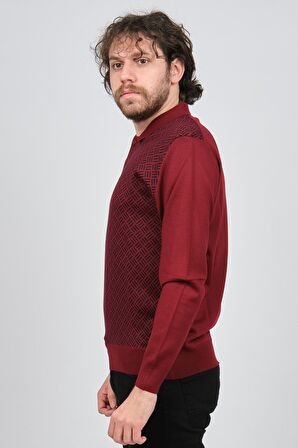 Pave Erkek Polo Yaka Desenli Yün Kazak 4537134 Bordo