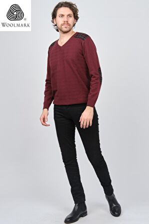 Desen Triko Erkek V Yaka Saf Yün Kazak 0246538 Bordo
