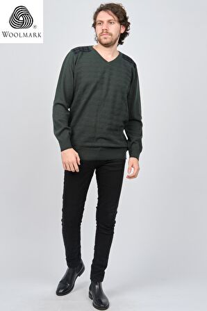 Desen Triko Erkek V Yaka Saf Yün Kazak 0246538 Yeşil
