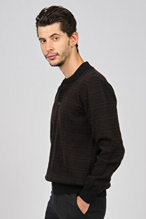 Desen Triko Erkek Düğmeli Yarım Balıkçı Desenli Saf Yün Kazak 0246571 Kahverengi