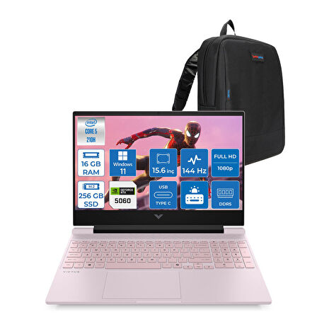 Hp Victus 15-FA2008NT Intel Core 5 210H 16GB Ddr5 256GB SSD RTX5060 Gddr7 8gb Windows 11 Home 15.6" FHD(1920 x 1080) 144Hz IPS 300NITS Toz Pembe Taşınabilir Bilgisayar BV7V6EAH01 + Zetta Çanta