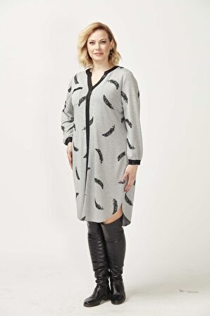 1956 Gri Tüy Desenli Uzun Kollu Esnek Büyük Beden Triko Elbise