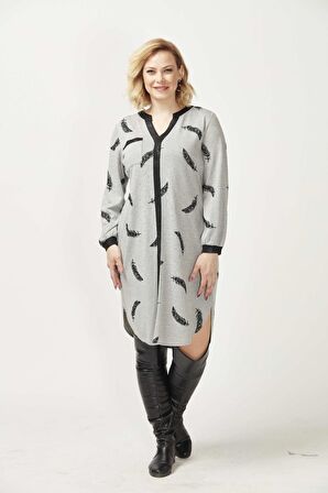 1956 Gri Tüy Desenli Uzun Kollu Esnek Büyük Beden Triko Elbise