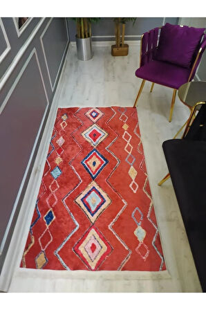 Kaymaz Tabanlı Yıkanabilir Kırmızı Kilim Desenli Dokuma Taban Halı