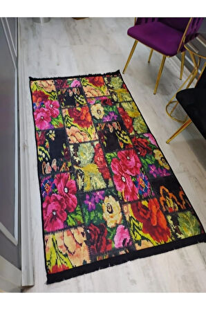 Kaymaz Tabanlı Yıkanabilir Patchwork Kilim Desenli Dokuma Taban Halı