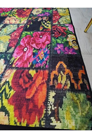 Kaymaz Tabanlı Yıkanabilir Patchwork Kilim Desenli Dokuma Taban Halı