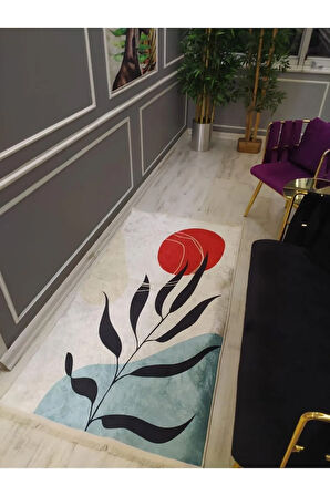 Kaymaz Tabanlı Yıkanabilir Minimal Çiçek Dalı Desenli Dokuma Taban Halı