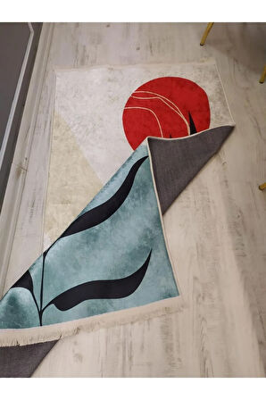 Kaymaz Tabanlı Yıkanabilir Minimal Çiçek Dalı Desenli Dokuma Taban Halı